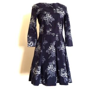 GAP Navy Blue Floral Long Sleeve Fit-and-Flare Dress